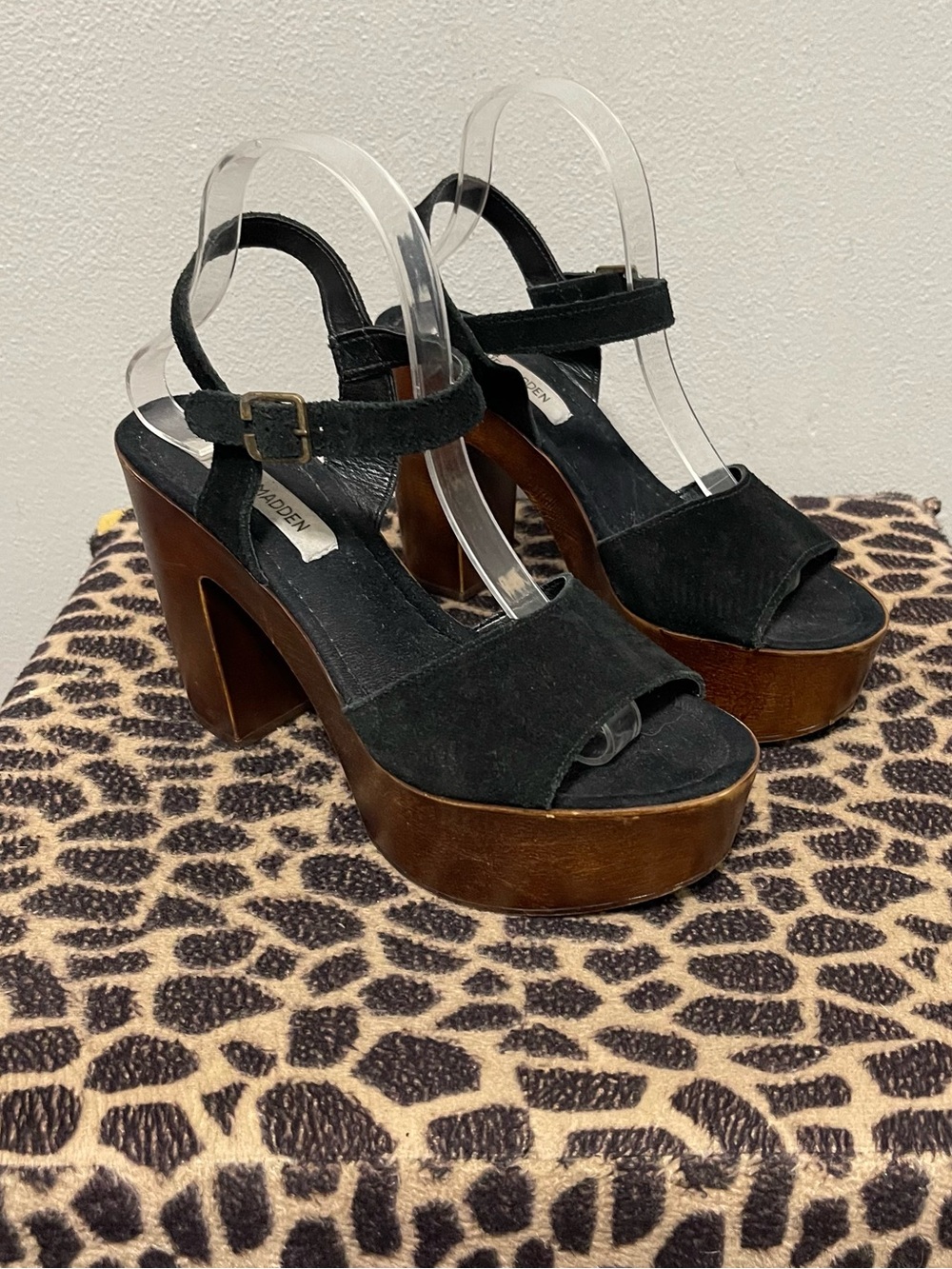 Steve Madden Platform Chunky Heels Black Suede Boho Womens 10